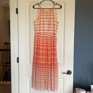 Coral and white striped dress.